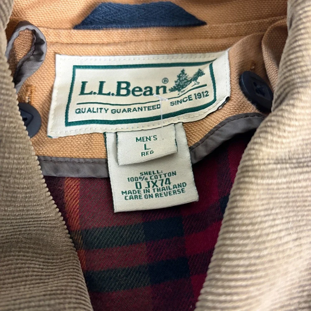 LL Bean Mens Original Field Coat Tan Canvas Primaloft Plaid Lined Jacket L Reg